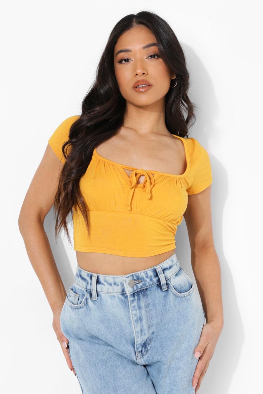 Yellow Petite Square Neck Ruched Tie Front Crop Top image number 1