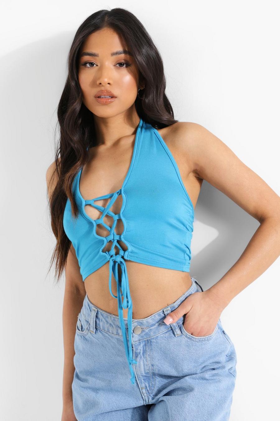 Turquoise Petite - Crop top med snörning image number 1