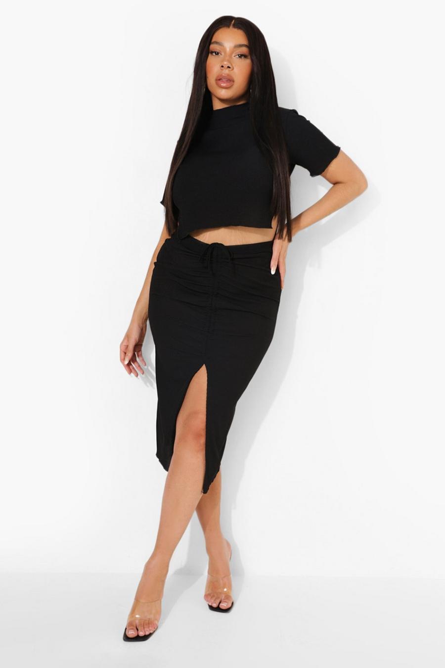 Black Plus High Neck Crop Top and Midi Skirt Co-ord image number 1