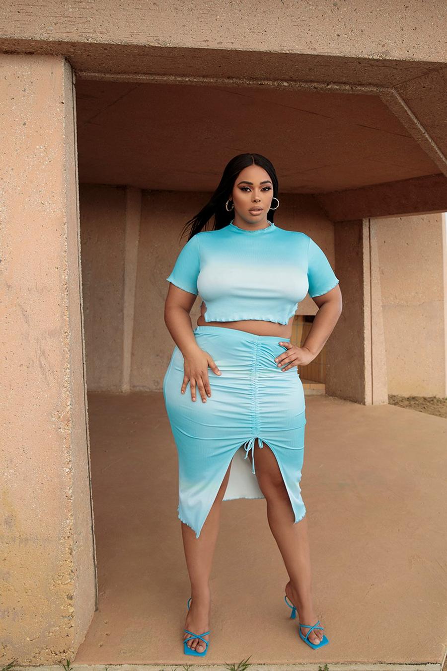 Blue Plus High Neck Crop Top and Midi Skirt Co-ord image number 1