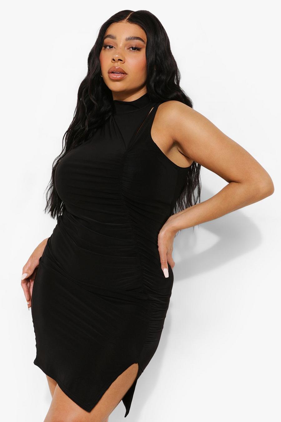 שחור שמלה עם צווארון גבוה וקפלים, מידות גדולות image number 1