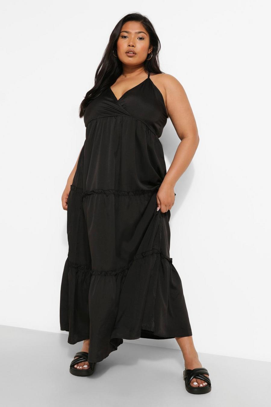 Black Plus Woven Wrap Tiered Maxi Dress