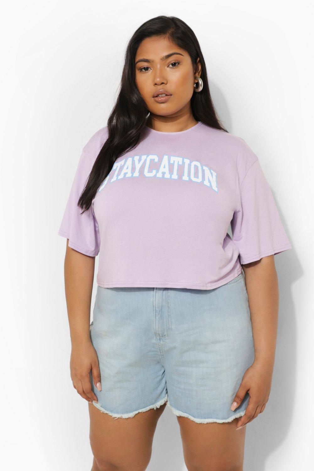 Women's Purple Plus Staycation Slogan Cropped T Shirt