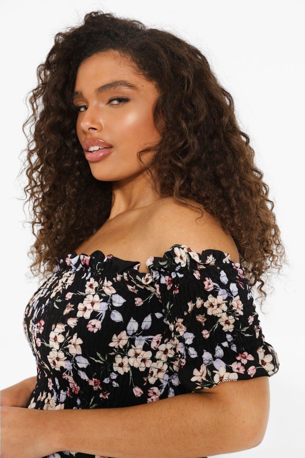 Black Printed Floral Off Shoulder Top X34636