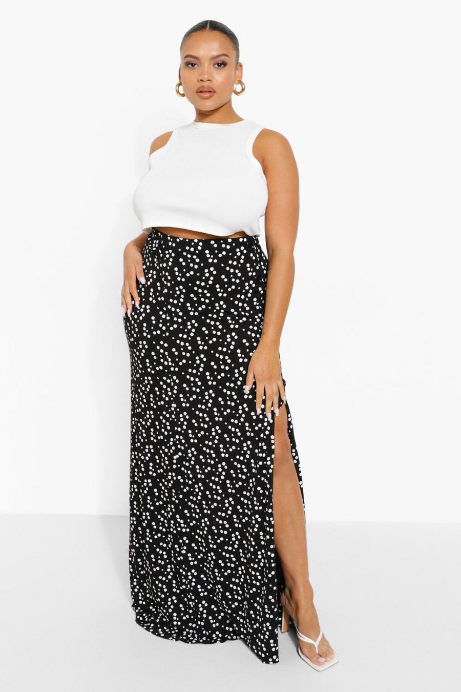 Black Plus Ditsy Floral Button Through Maxi Skirt image number 1