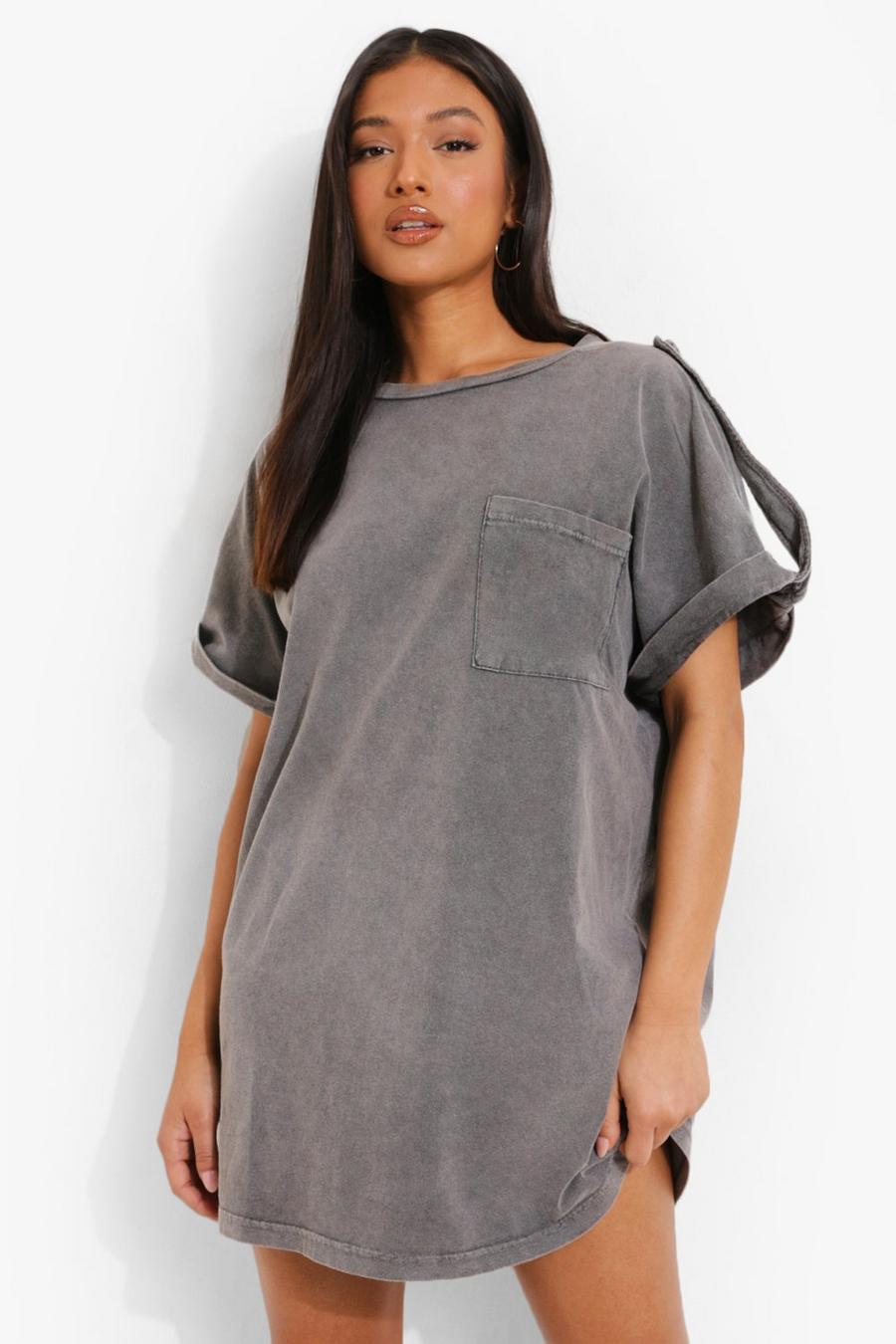 Charcoal Petite Acid Wash T-shirt Dress image number 1
