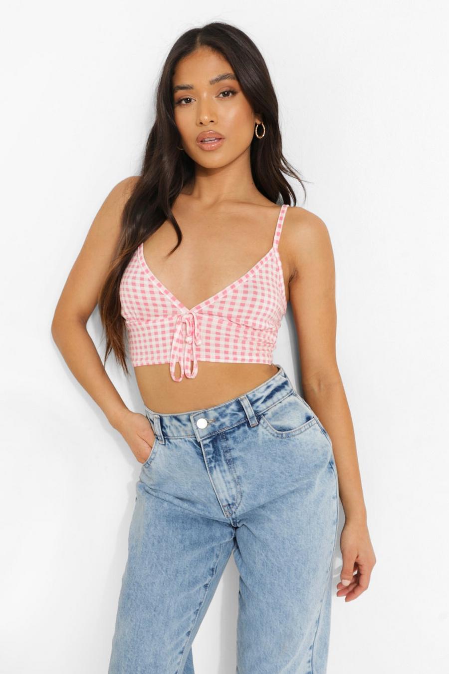 Pale pink Petite Gingham Lace Up Detail Bralette image number 1