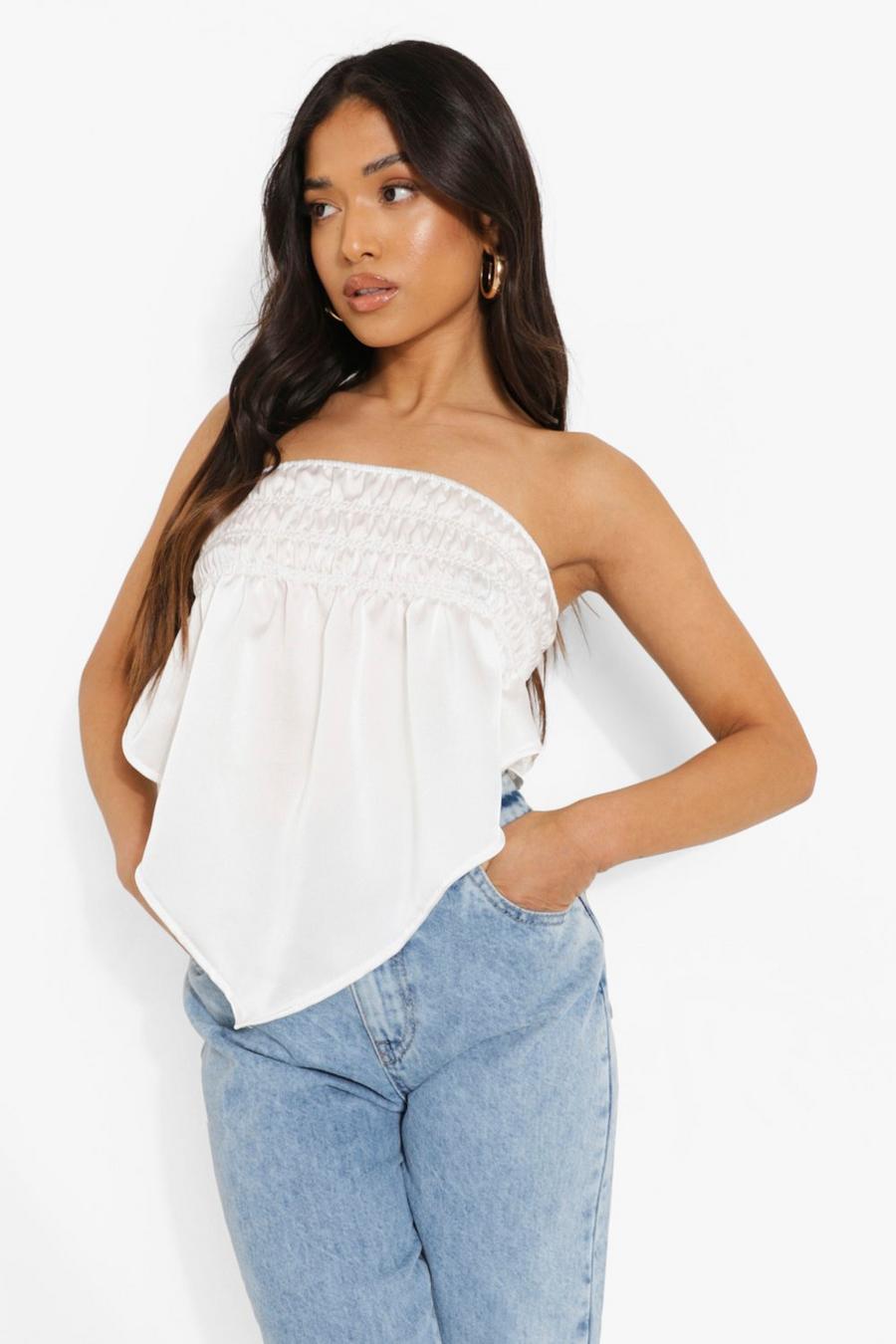 White Petite Shirred Bandeau Woven Scarf Top image number 1