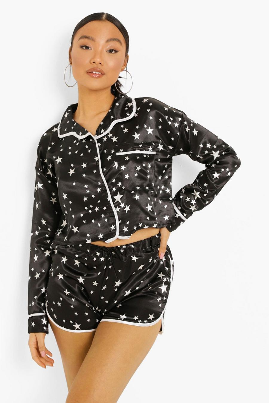 Pijama Petite con pantalón corto y estampado de estrellas, Black image number 1