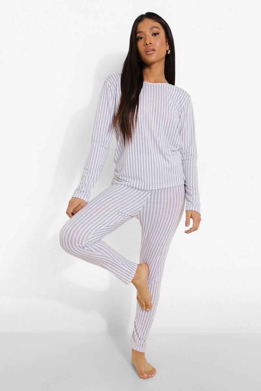 Conjunto de pijama de leggings y top a rayas Petite, Marga gris image number 1