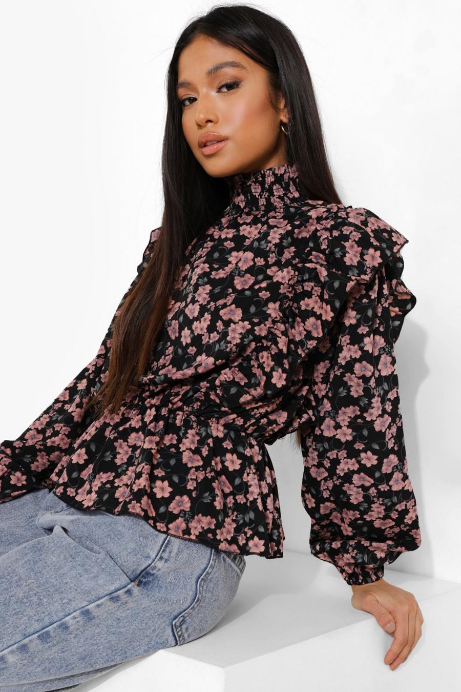 Black Petite Floral Print High Neck Top image number 1