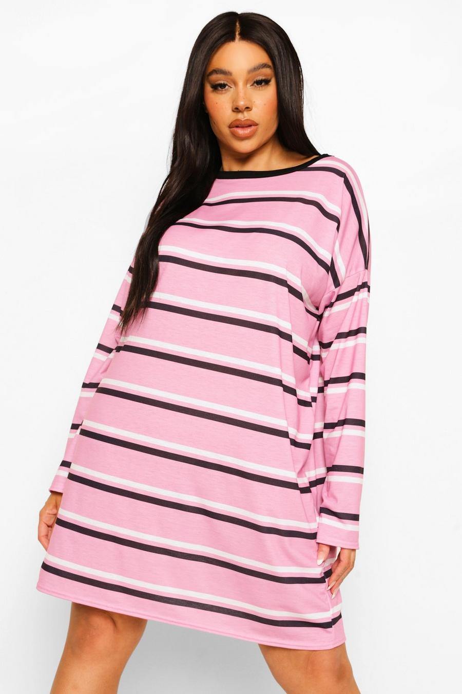 Pink Plus Stripe Long Sleeve T Shirt Dress image number 1