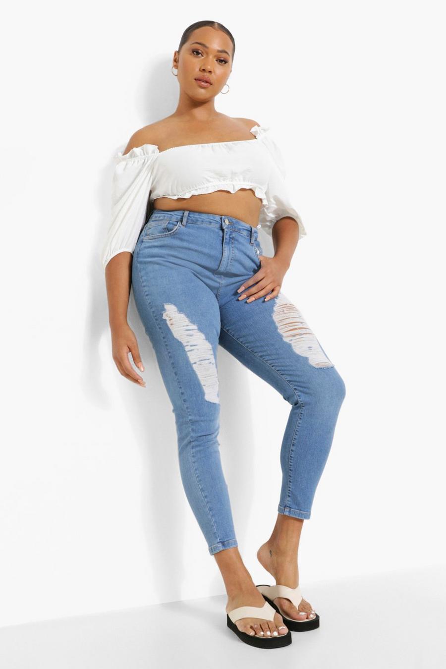 Mid blue Plus High Waist Distressed Thigh Skinny Jeans image number 1