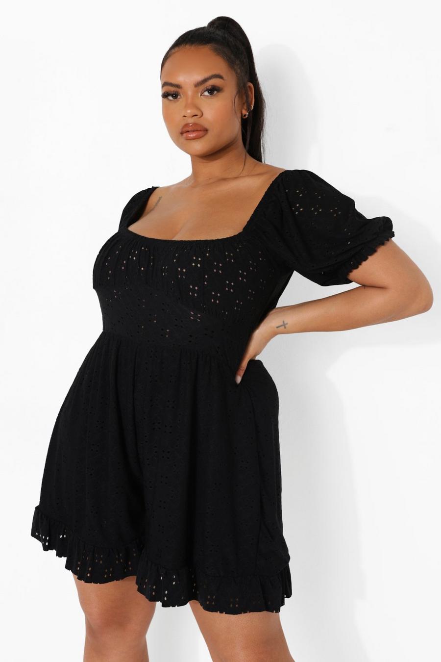 Black Plus Jersey Broderie Puff Sleeve Playsuit image number 1