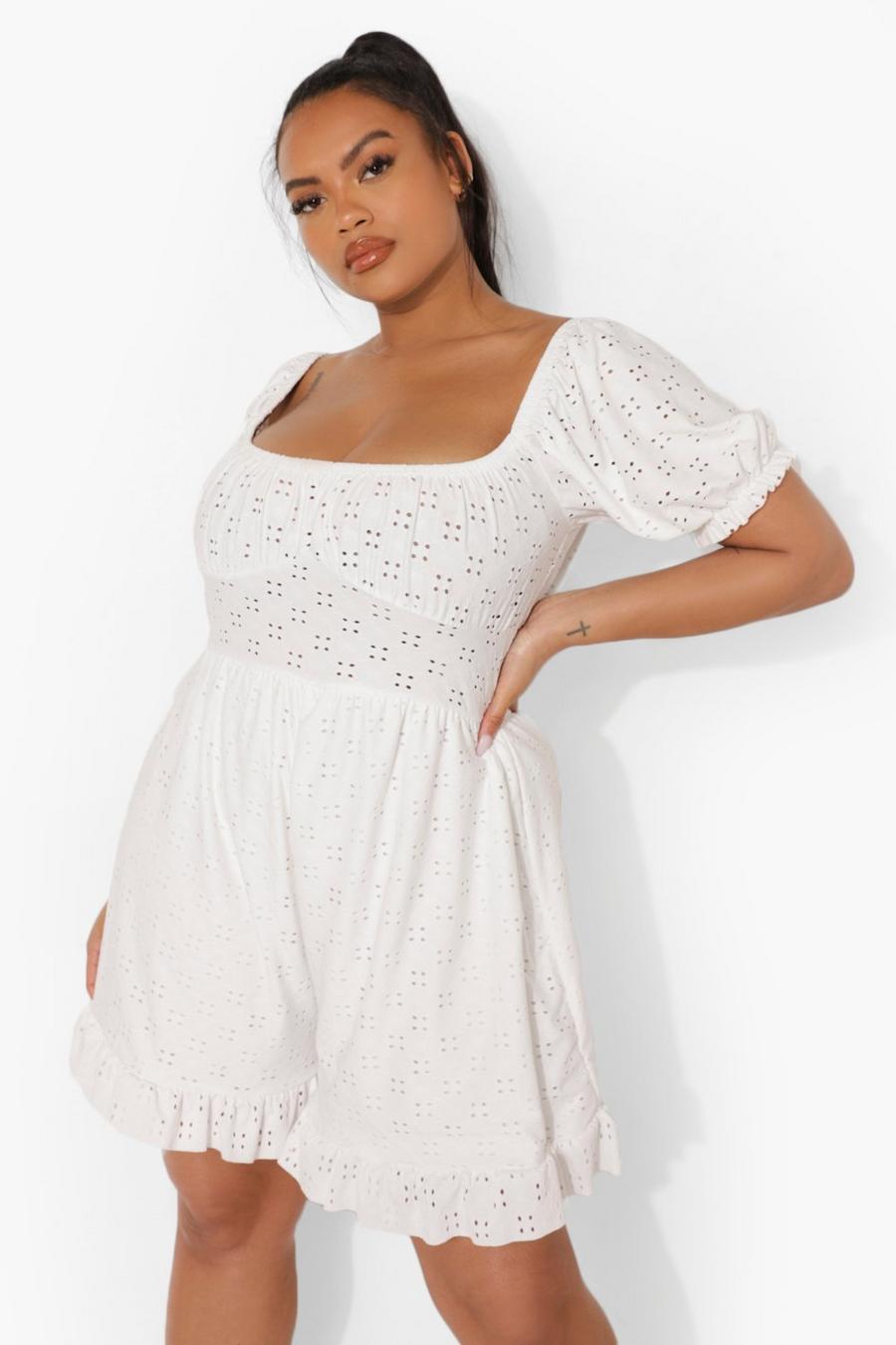 White Plus Jersey Eyelet Puff Sleeve Romper image number 1