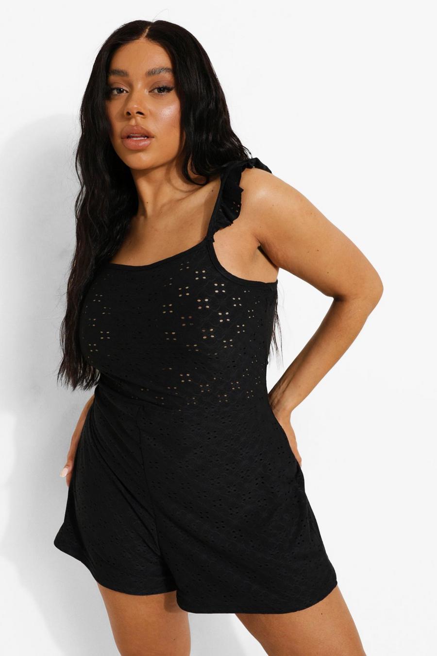 Black Plus Jersey Broderie Frill Strap Playsuit image number 1