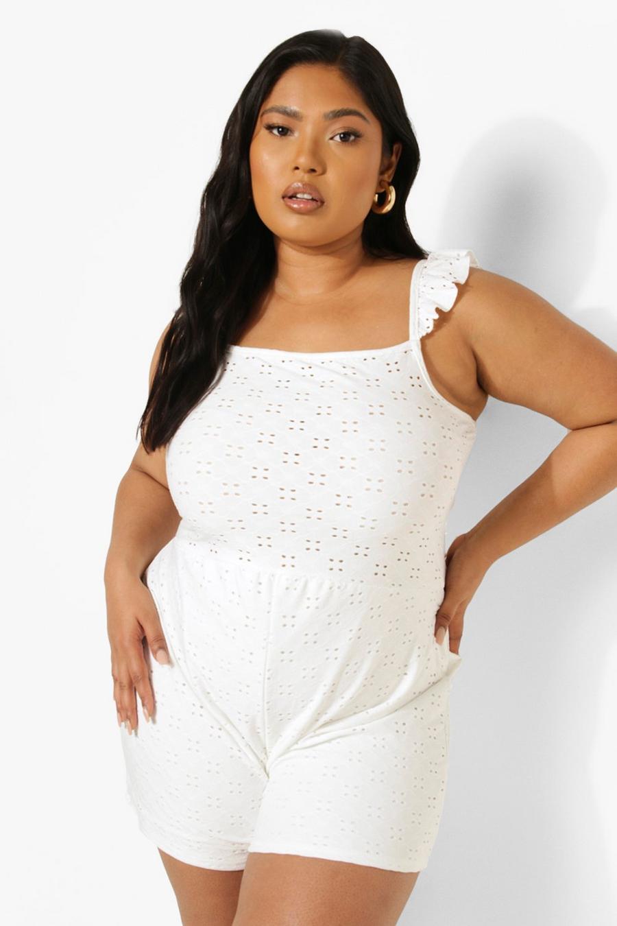 White Plus Jersey Eyelet Frill Strap Romper image number 1