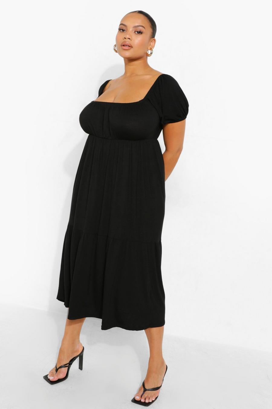 Black Plus Tiered Puff Sleeve Midi Dress image number 1