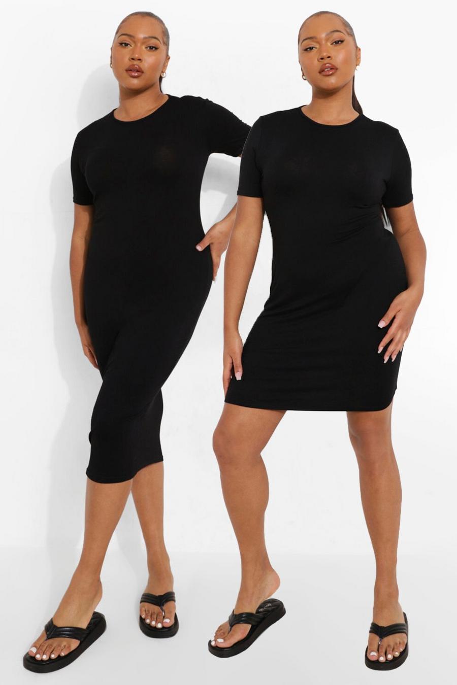 שחור מארז זוגי של שמלת חולצה צמודה ומידי למידות גדולות image number 1