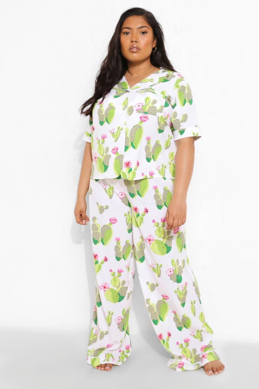 Plus kurzärmliger Satin-Pyjama mit Kaktus-Print, White image number 1