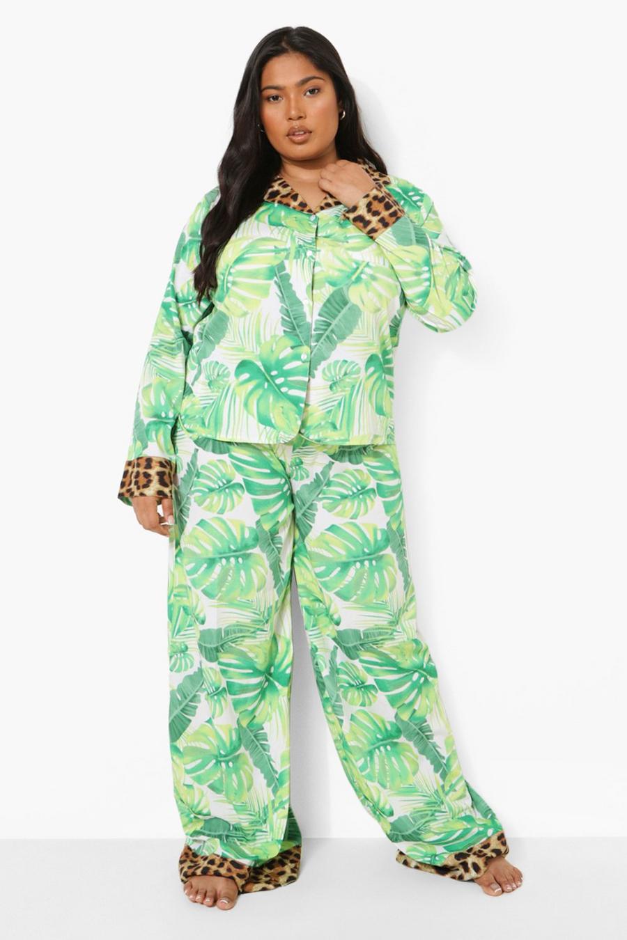 Set pigiama & pantaloncini Plus Size in raso con stampa di foglie, Green image number 1