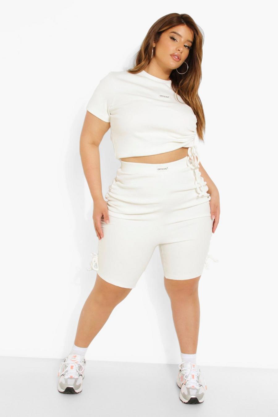 Cream white Plus Premium Rib Side Ruched Cycling Short image number 1