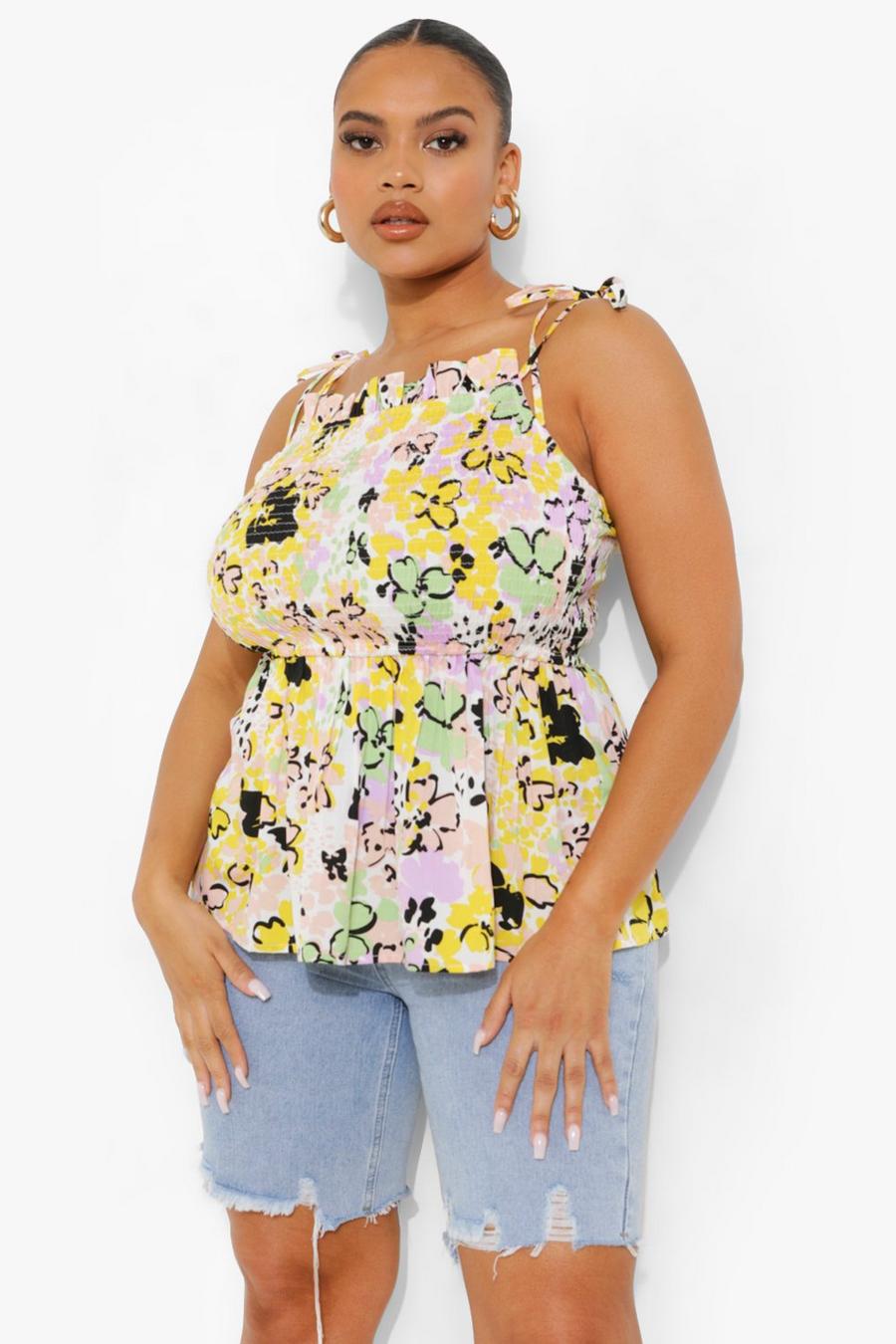 Yellow Plus Floral Shirred Tie Peplum Top image number 1