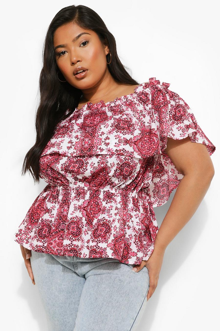 Dark pink Plus Off The Shoulder Paisley Ruffle Top image number 1