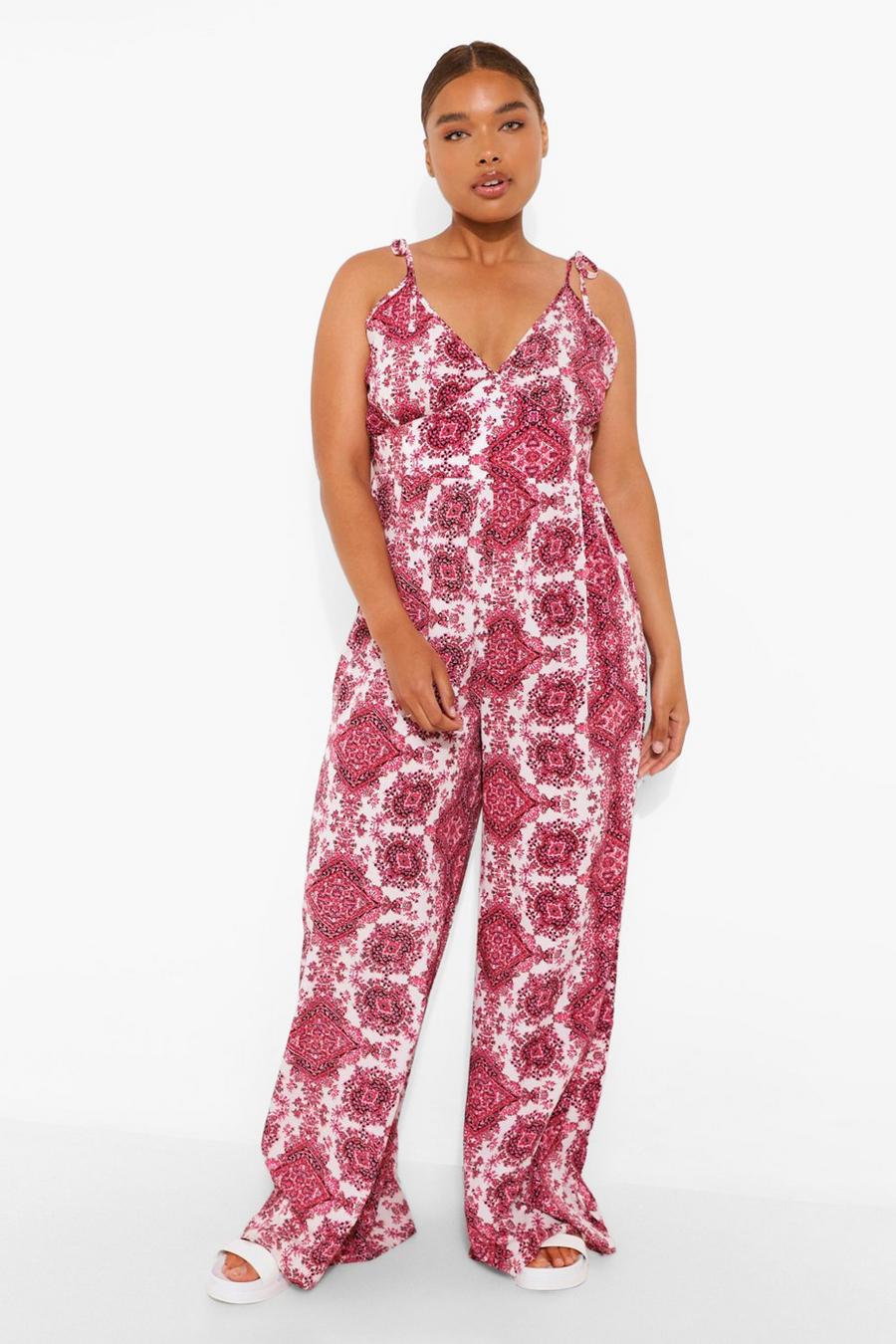 Plus Paisley-Print Jumpsuit mit Gürtel, Dark pink image number 1