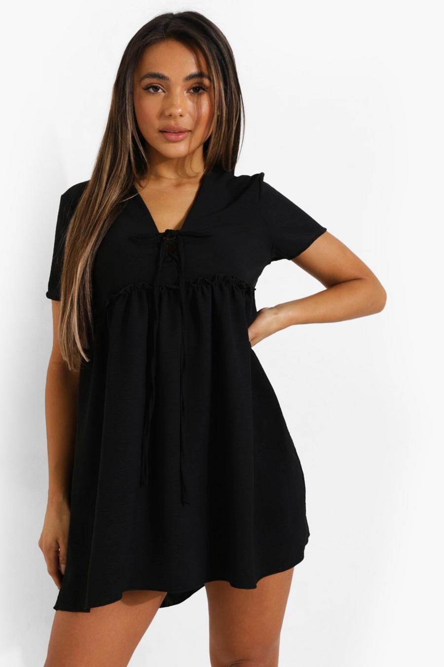 Black Petite Linen Look Mini Smock Dress
