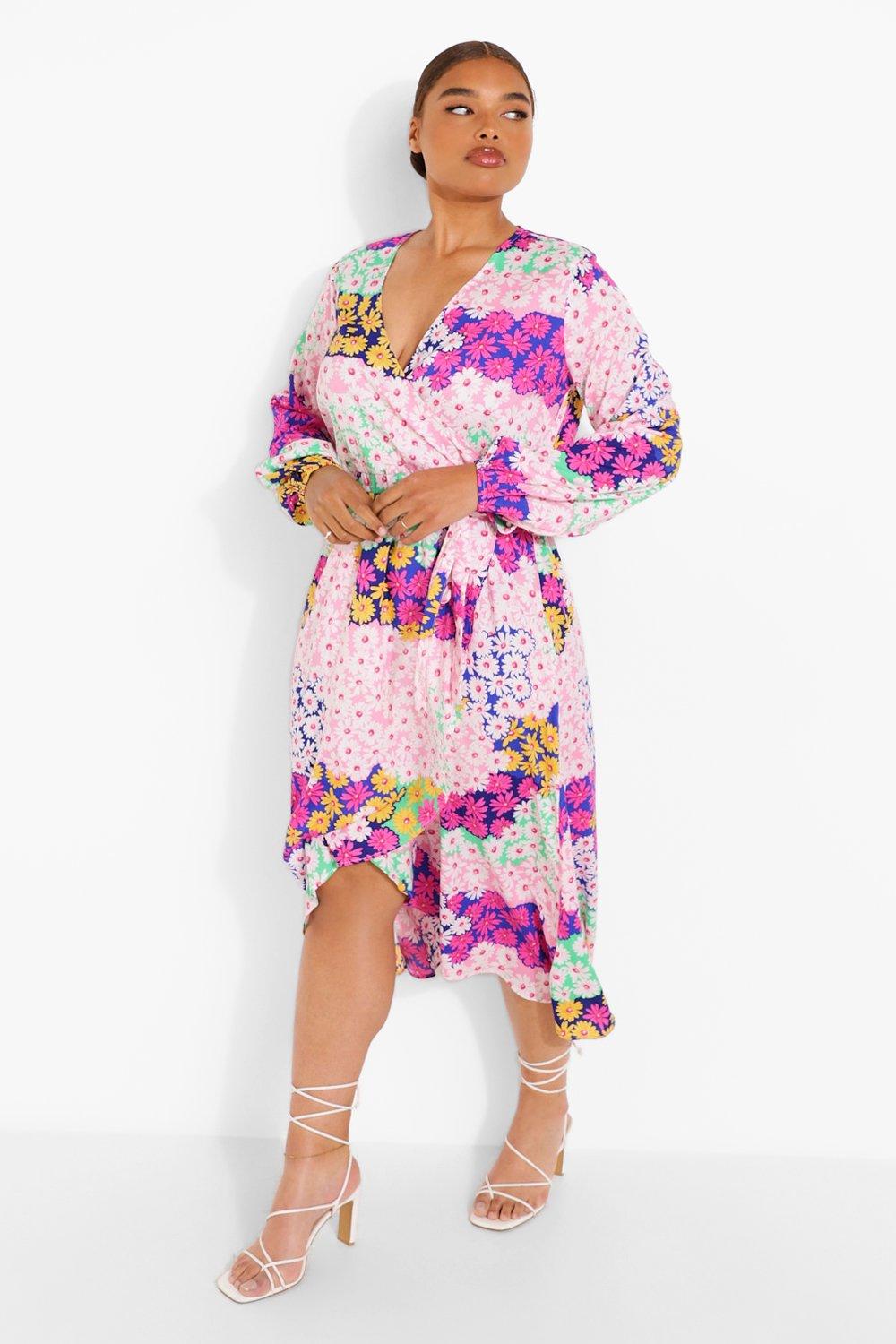 Boohoo exclusive wrap midi shop dress in pink floral