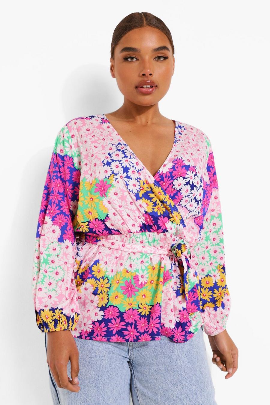 Multi Plus Floral Balloon Sleeve Wrap Top image number 1
