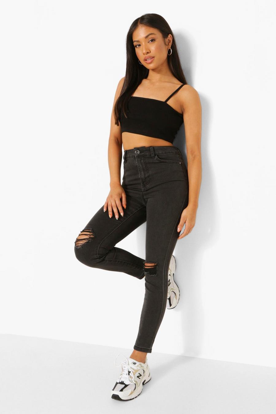Washed black Petite High Waist Distressed Jeans image number 1