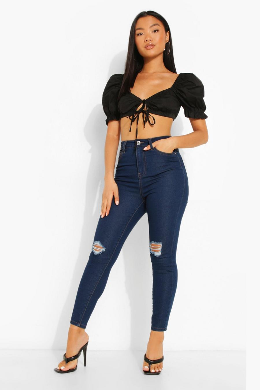 Indigo Petite - Slitna jeans med hög midja image number 1