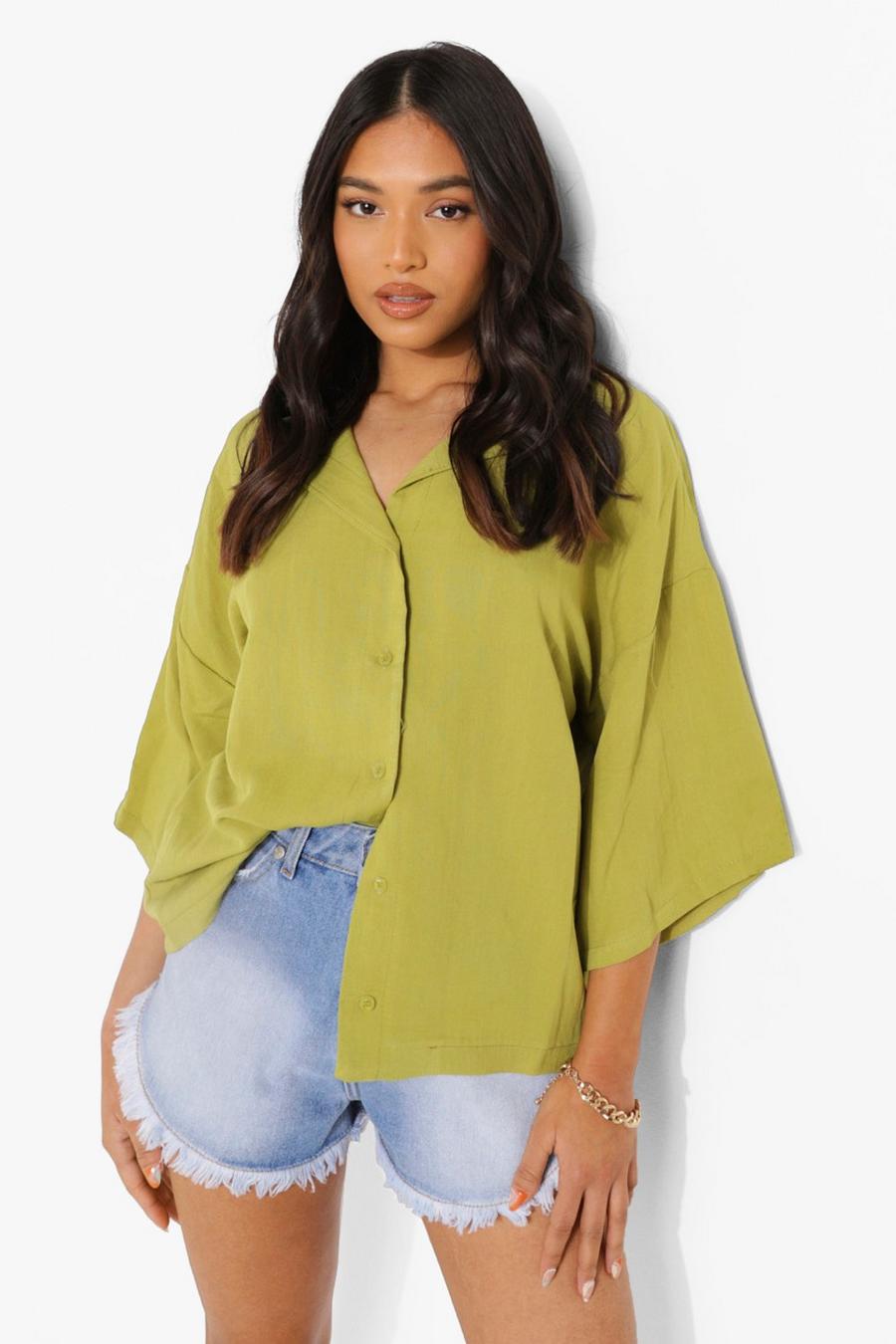 Green Petite Linen Look Resort Shirt image number 1