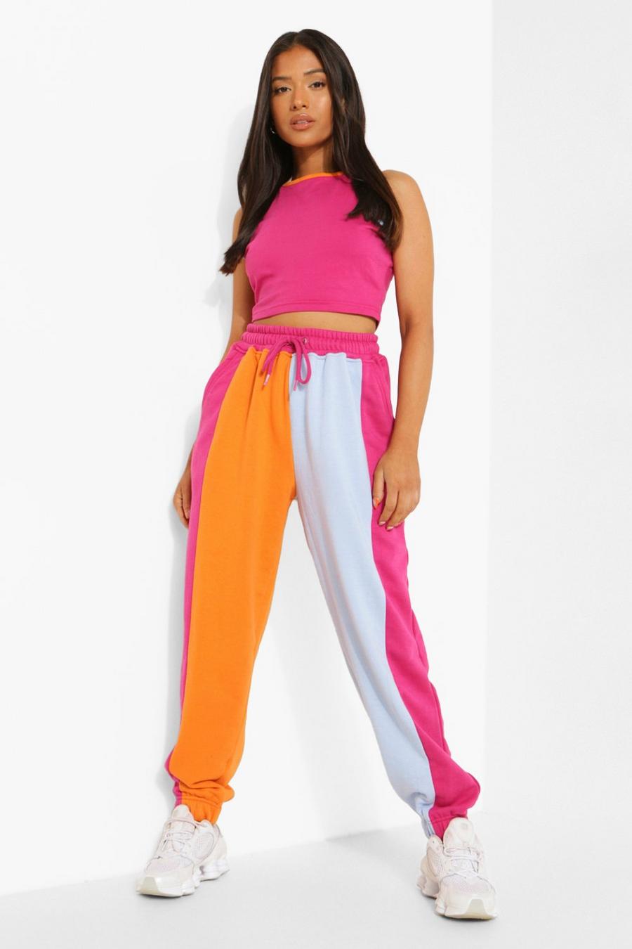 Pantalones de deporte anchos con bloques de color Petite, Rosa image number 1