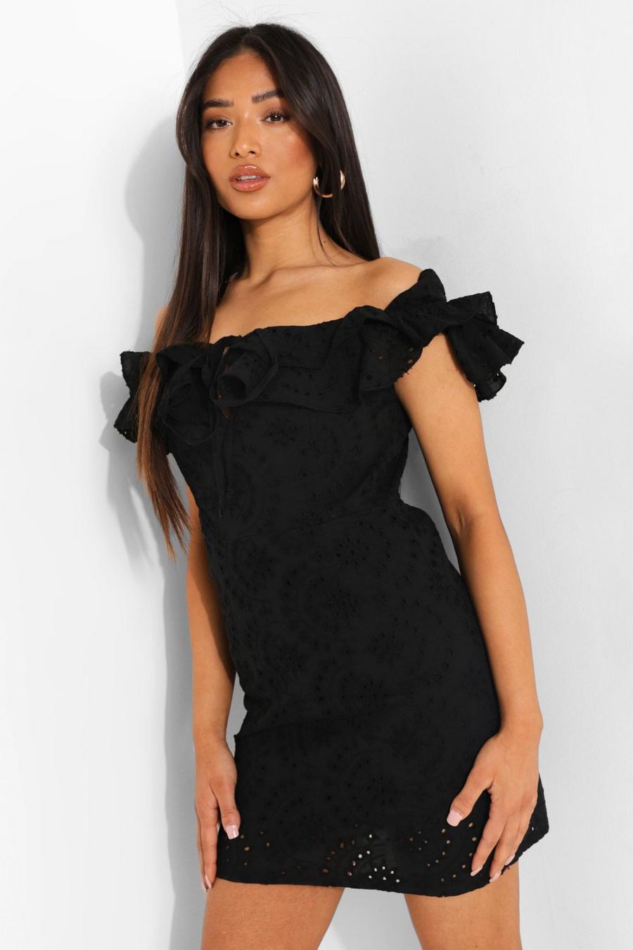 PETITE Bardot-Mini-Kleid mit Lochstickerei, Schwarz black
