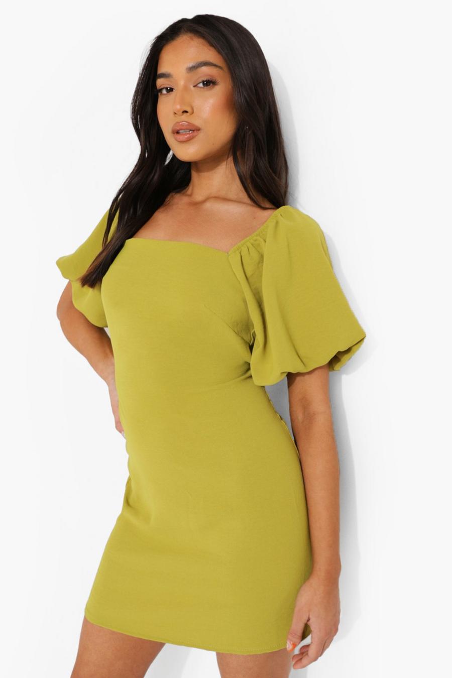 Green Petite Linen Look Puff Sleeve Mini Dress image number 1