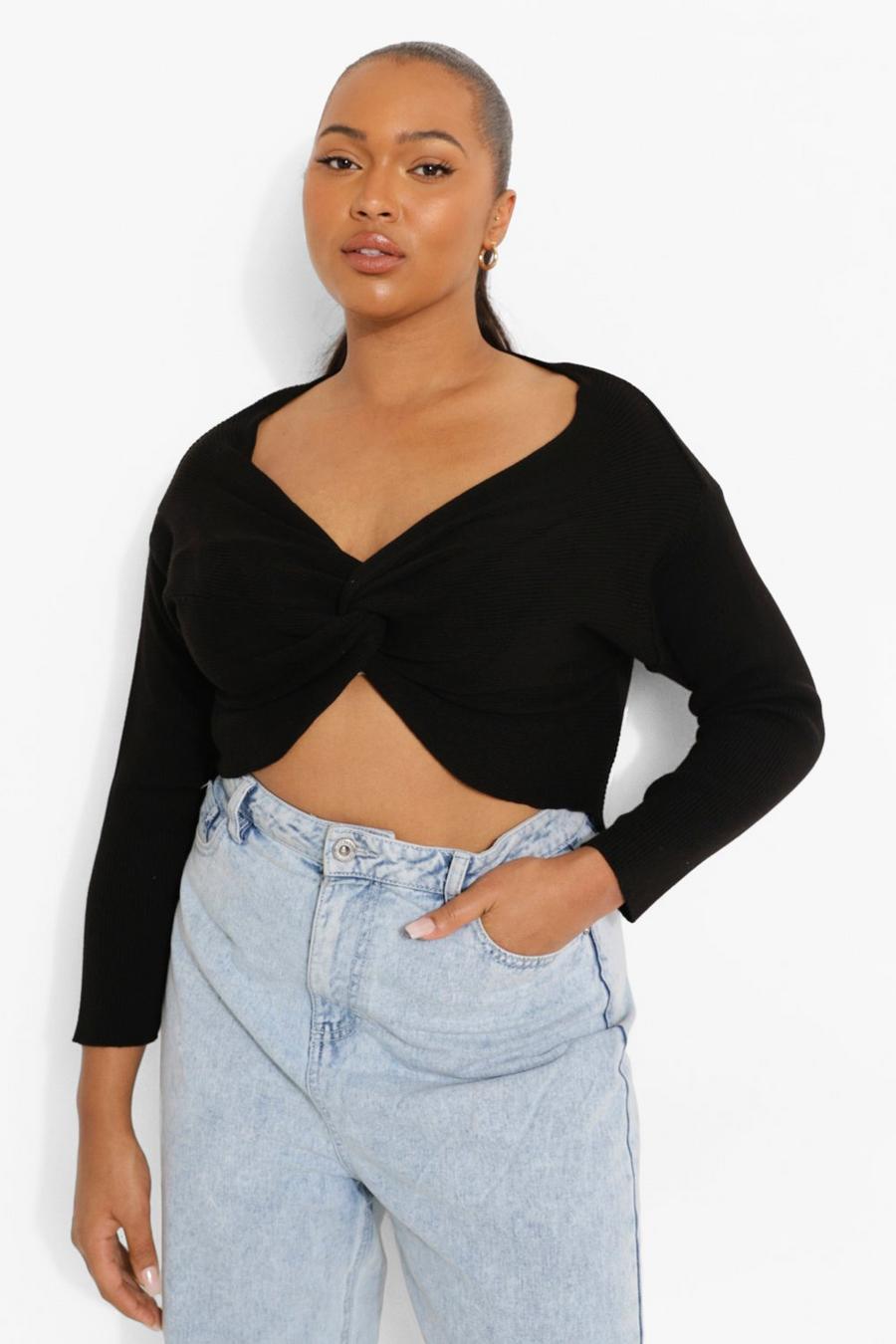 Black Plus Knitted Twist Front Crop Top image number 1