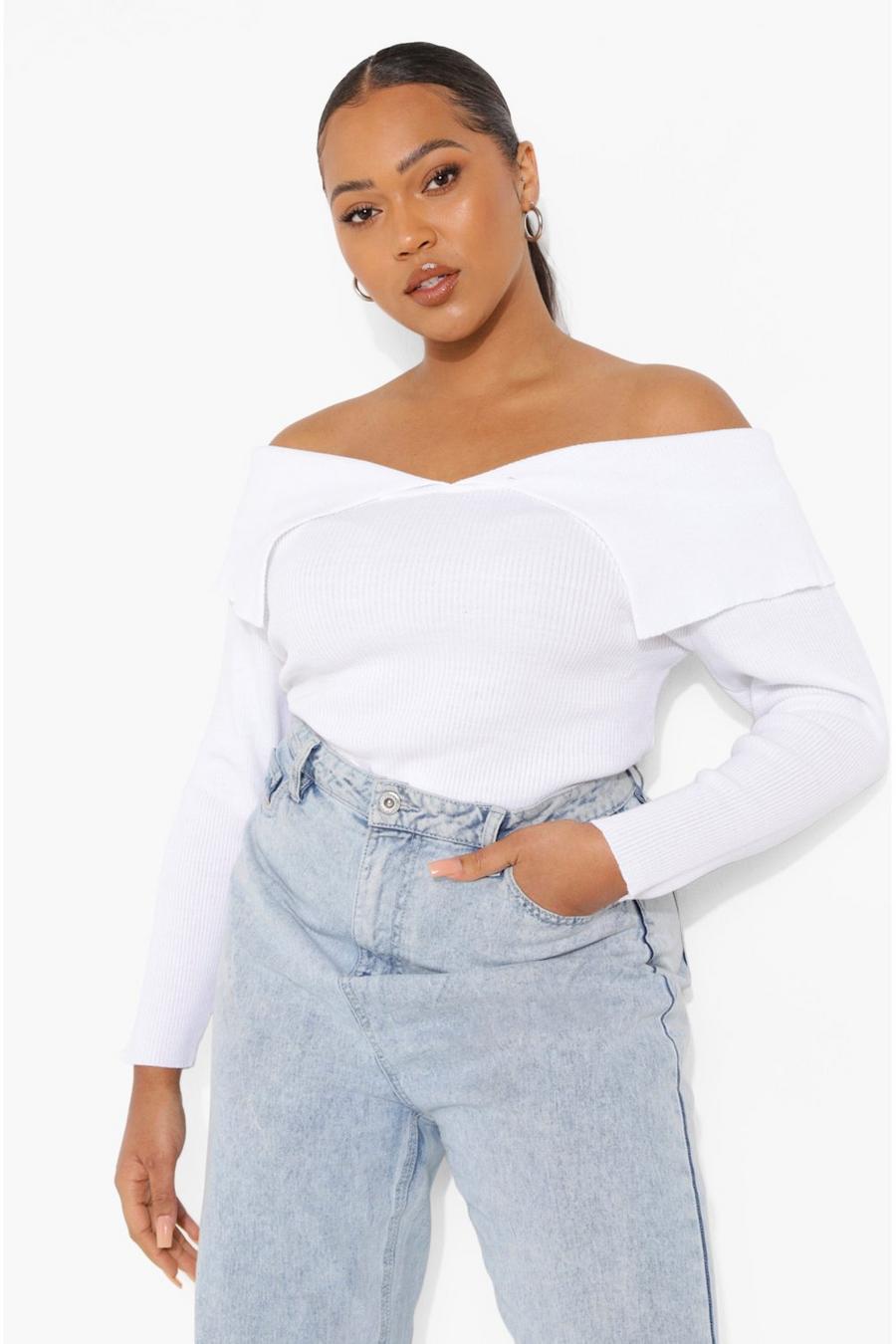 White Plus Knitted Fold Over Off Shoulder Top image number 1