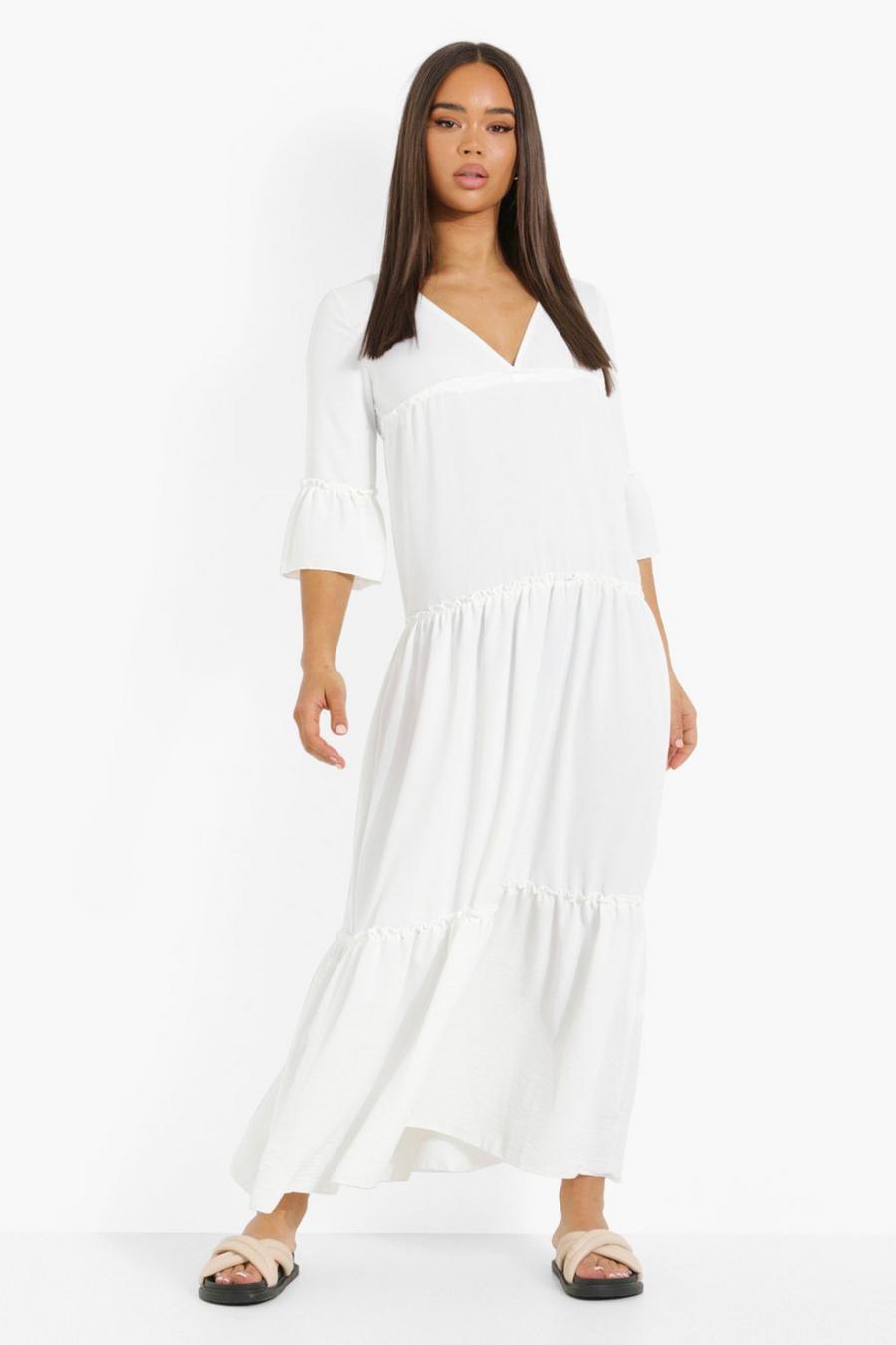 White Petite Linen Look Tiered Maxi Dress image number 1