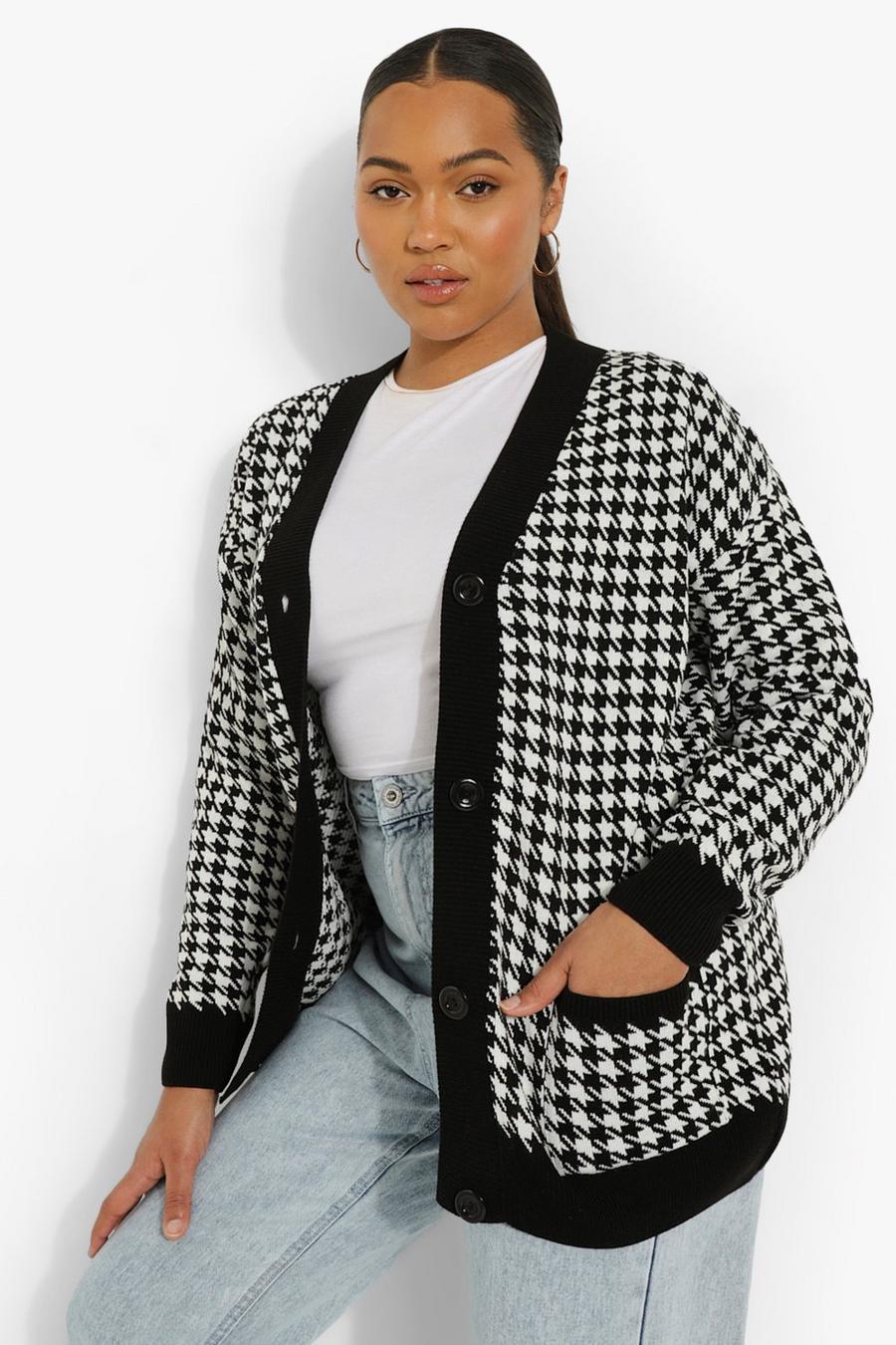 Black Plus Houndstooth Knitted Cardigan image number 1