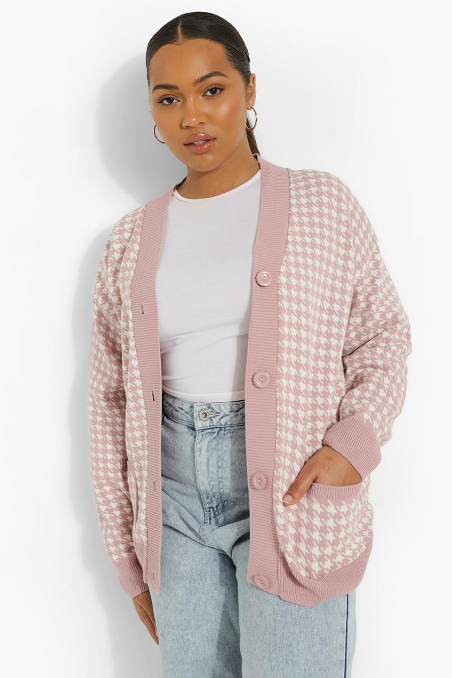 Light pink Plus Houndstooth Knitted Cardigan image number 1