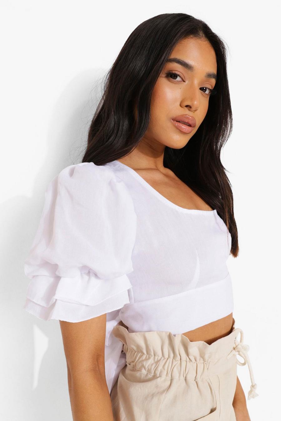 White Petite Linen Look Tie Back Puff Sleeve Top image number 1