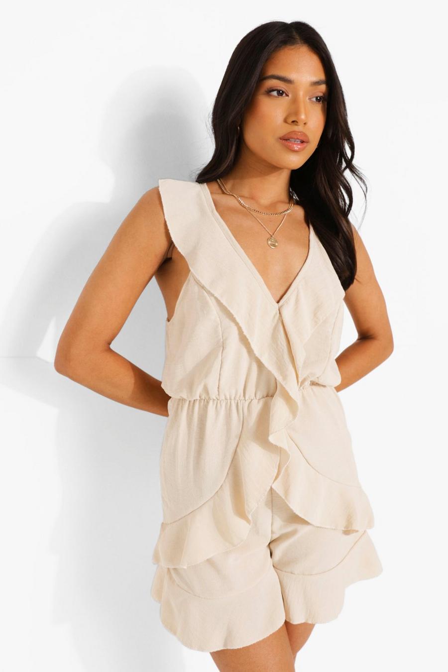 Stone Petite Linen Look Frill Detail Playsuit image number 1