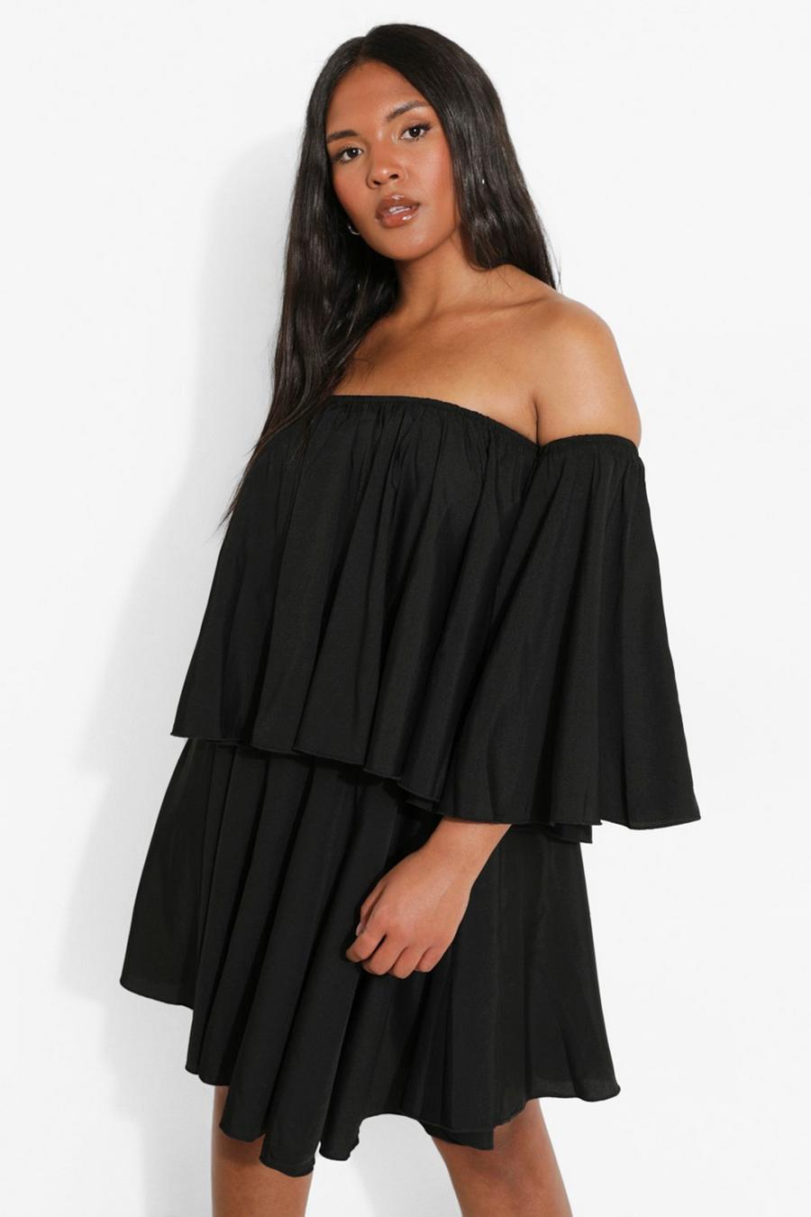 Black svart Plus Off The Shoulder Ruffle Peplum Dress