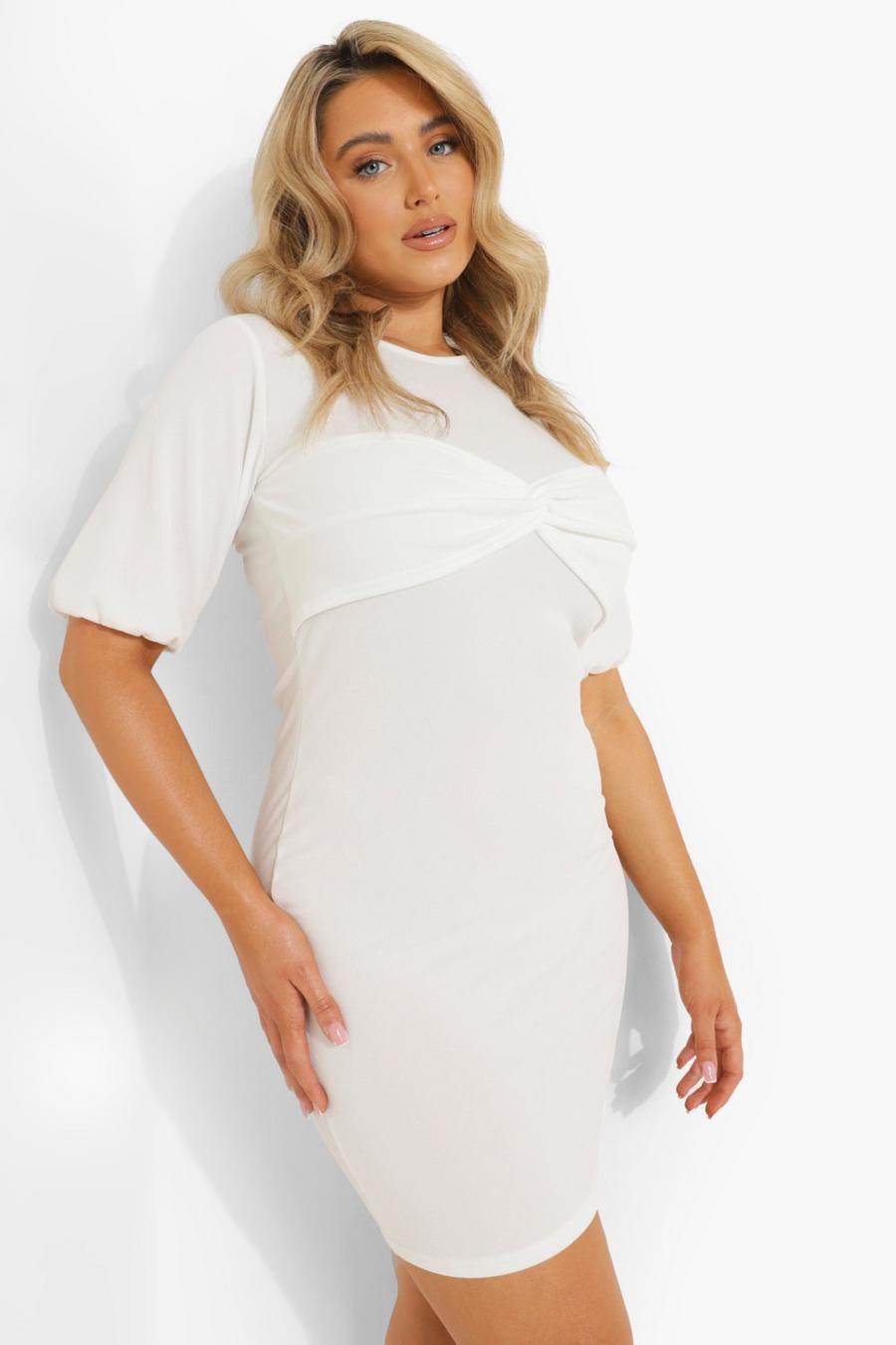 White Plus Twist Front Puff Sleeve Dress image number 1