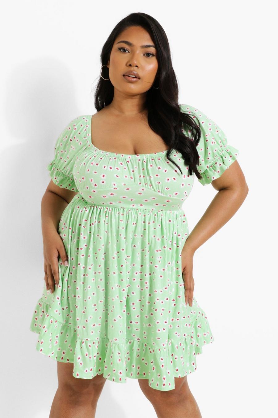 Pale green Plus Ditsy Floral Puff Sleeve Dress image number 1
