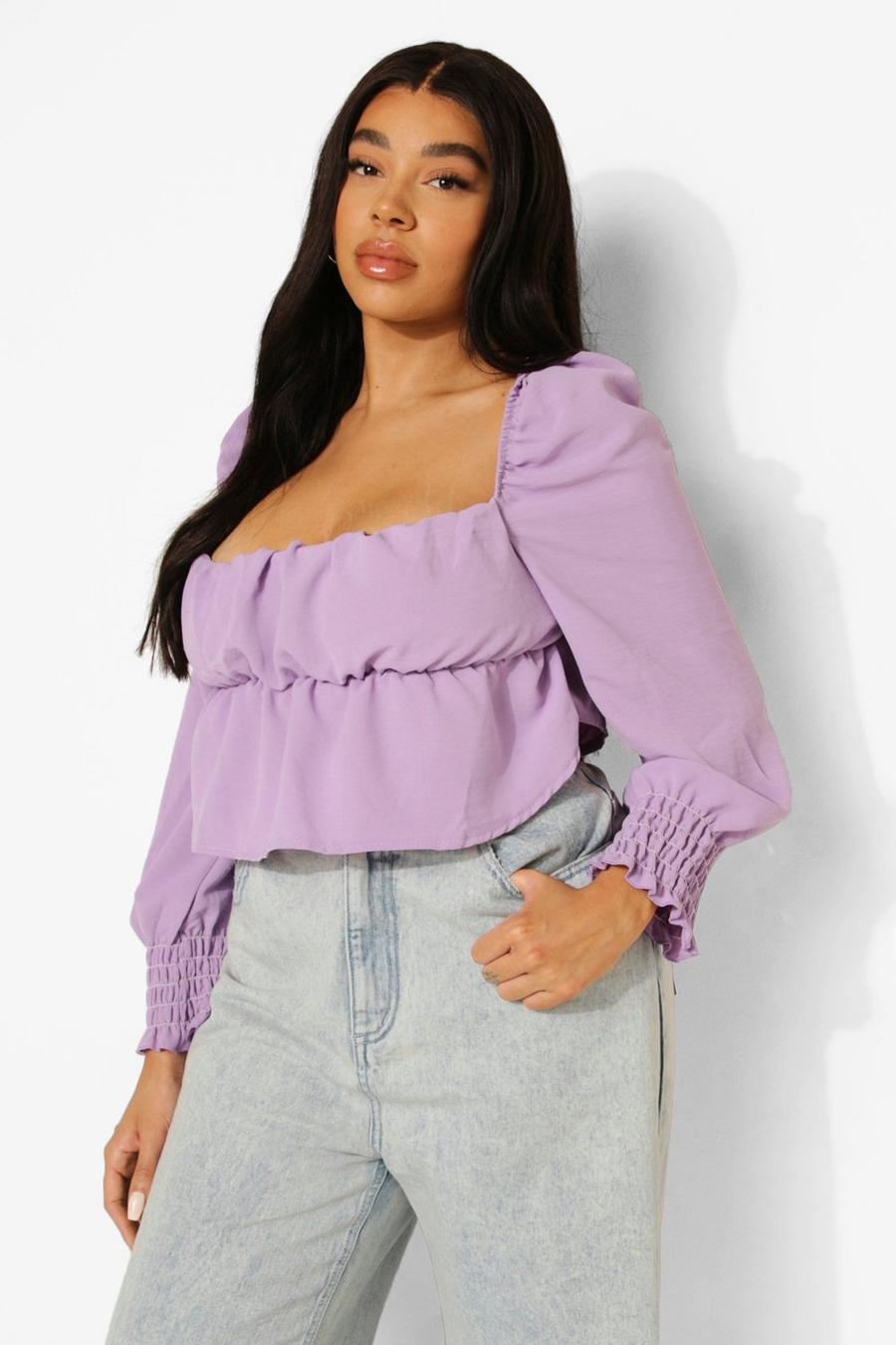 Lilac Plus Linen Ruched Balloon Sleeve Smock Top image number 1