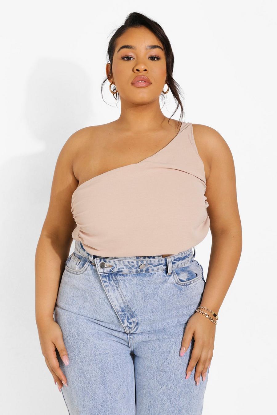 Stone Plus Linen One Shoulder Ruched Crop Top image number 1